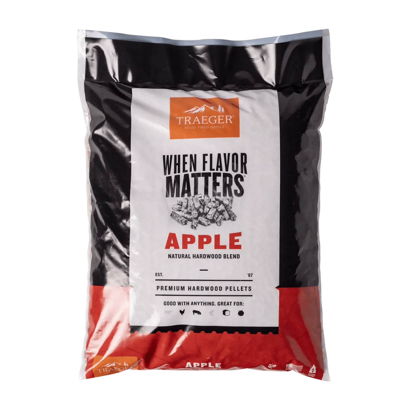 Traeger Apple hardwood pellets packaging on a white background