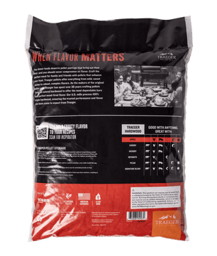 Traeger hardwood pellets packaging with branding and product details.