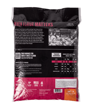 Back view of a Traeger branded pellet package with text and images on a black and red background.