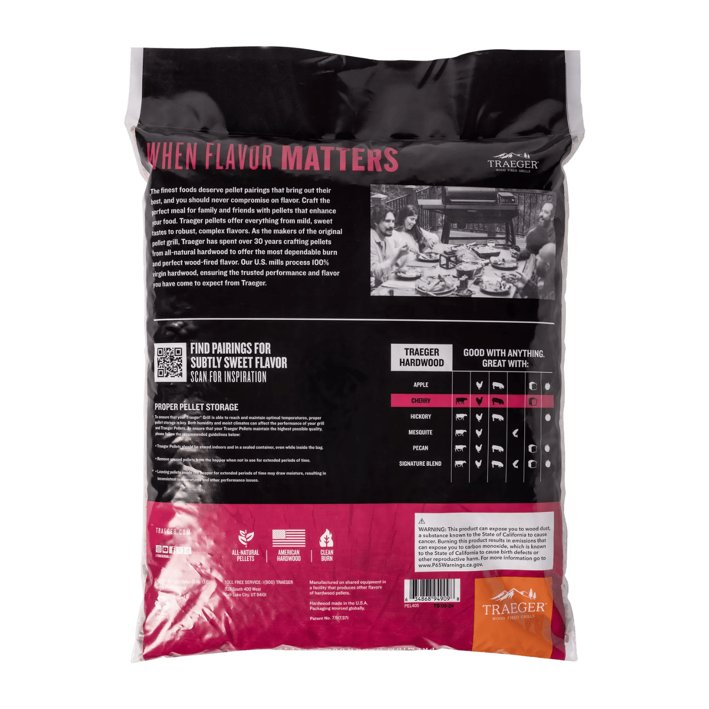 Back view of a Traeger branded pellet package with text and images on a black and red background.