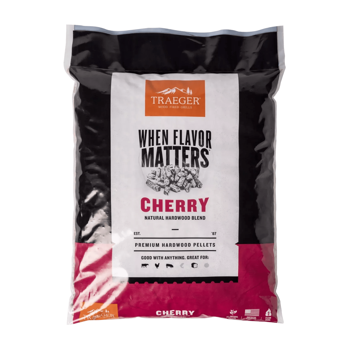 Traeger Cherry hardwood pellets packaging on a white background