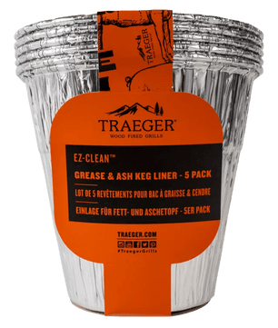 Pack of Traeger grease and ash keg liners with orange label on a white background