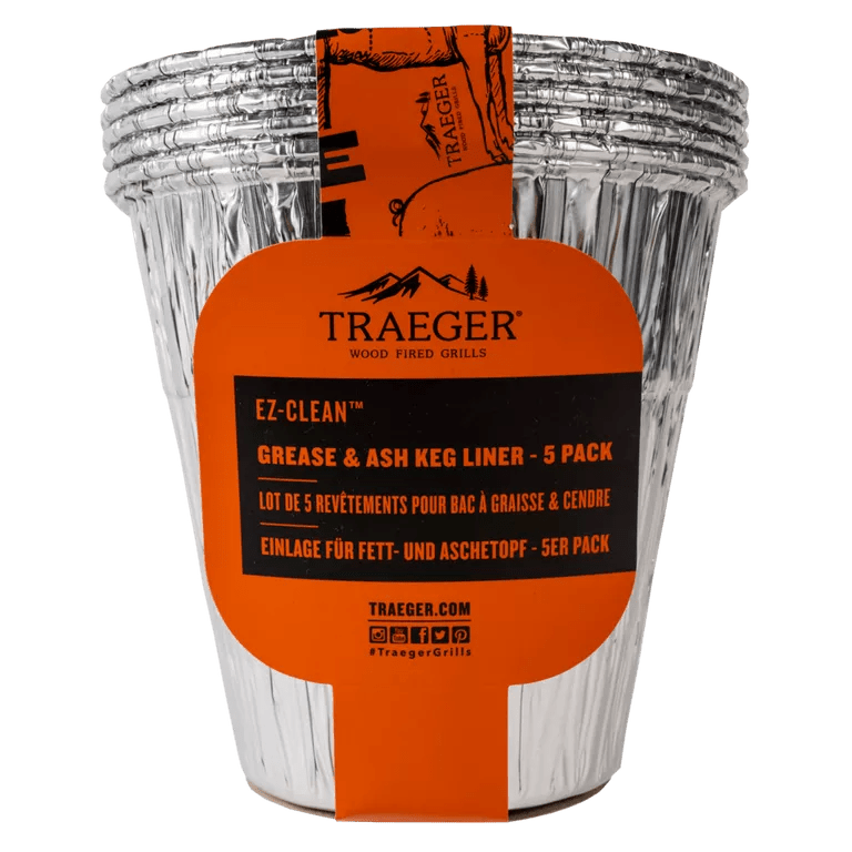 Pack of Traeger grease and ash keg liners with orange label on a white background
