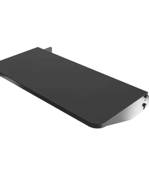 Black metal shelf with brackets on a white background