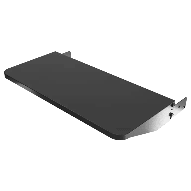 Black metal shelf with brackets on a white background