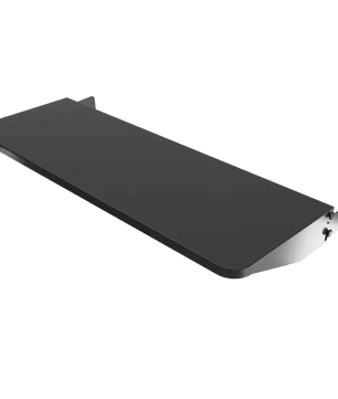 Black shelf with metal brackets on a white background