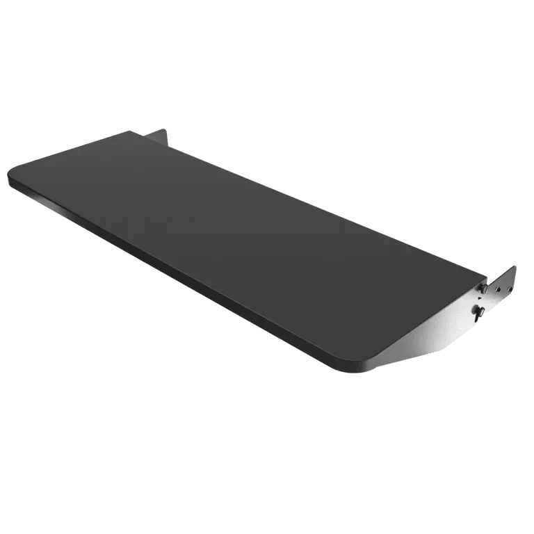 Black shelf with metal brackets on a white background
