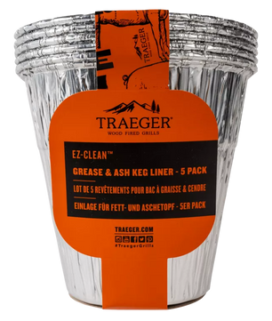 Pack of Traeger grease and ash keg liners with orange label on a white background