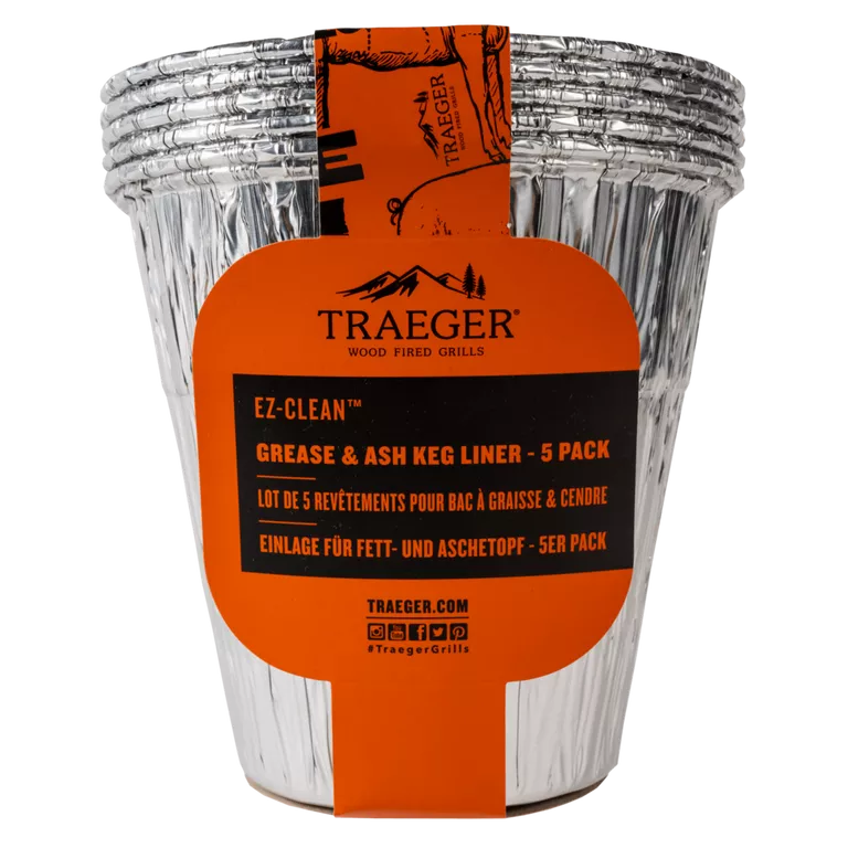 Pack of Traeger grease and ash keg liners with orange label on a white background