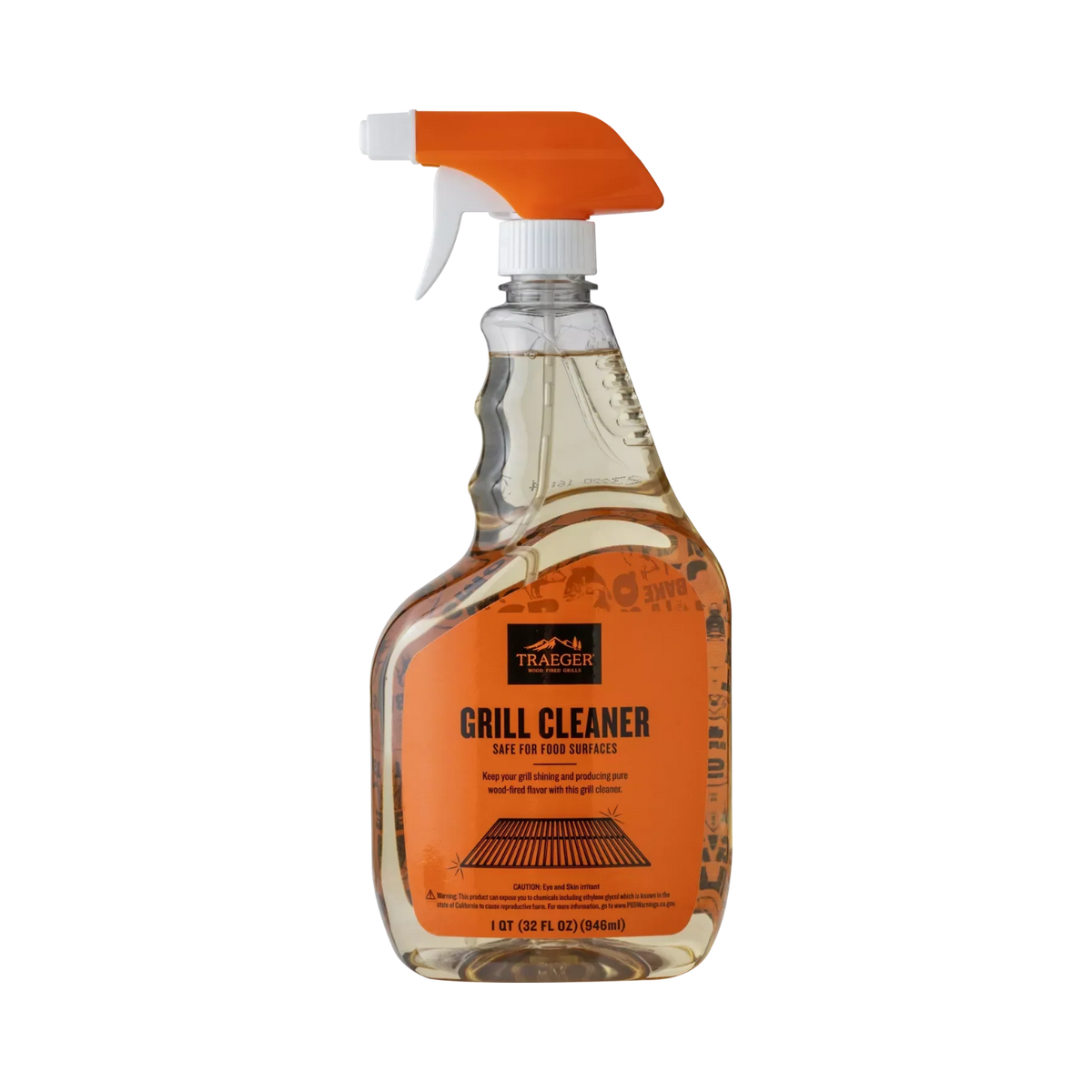 A 16 oz spray bottle of Traeger Grill Cleaner on a white background. The bottle is made of transparent plastic showing the amber liquid inside, with a bright orange trigger spray top and a matching orange label featuring the black Traeger brand logo.