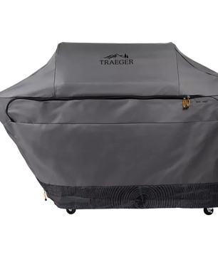 Gray grill cover with Traeger logo on a white background