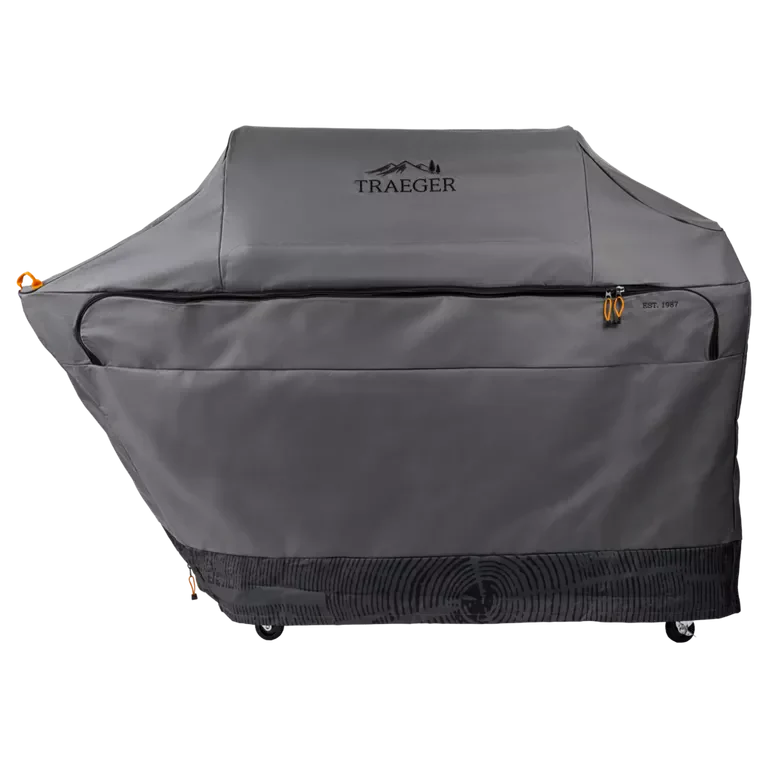 Gray grill cover with Traeger logo on a white background