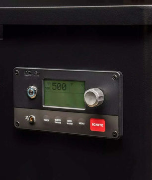 Control panel with digital display and buttons on a black background