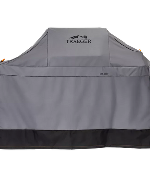 Gray Traeger grill cover on a white background