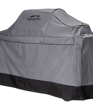 Gray grill cover with Traeger logo on a white background