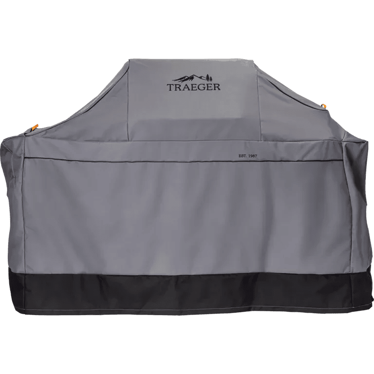 Gray Traeger grill cover on a white background