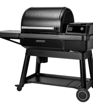 Black Traeger grill on a white background