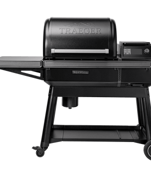 Black Traeger grill on a white background