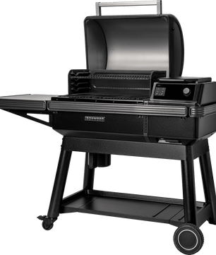 Black grill with digital display on a white background