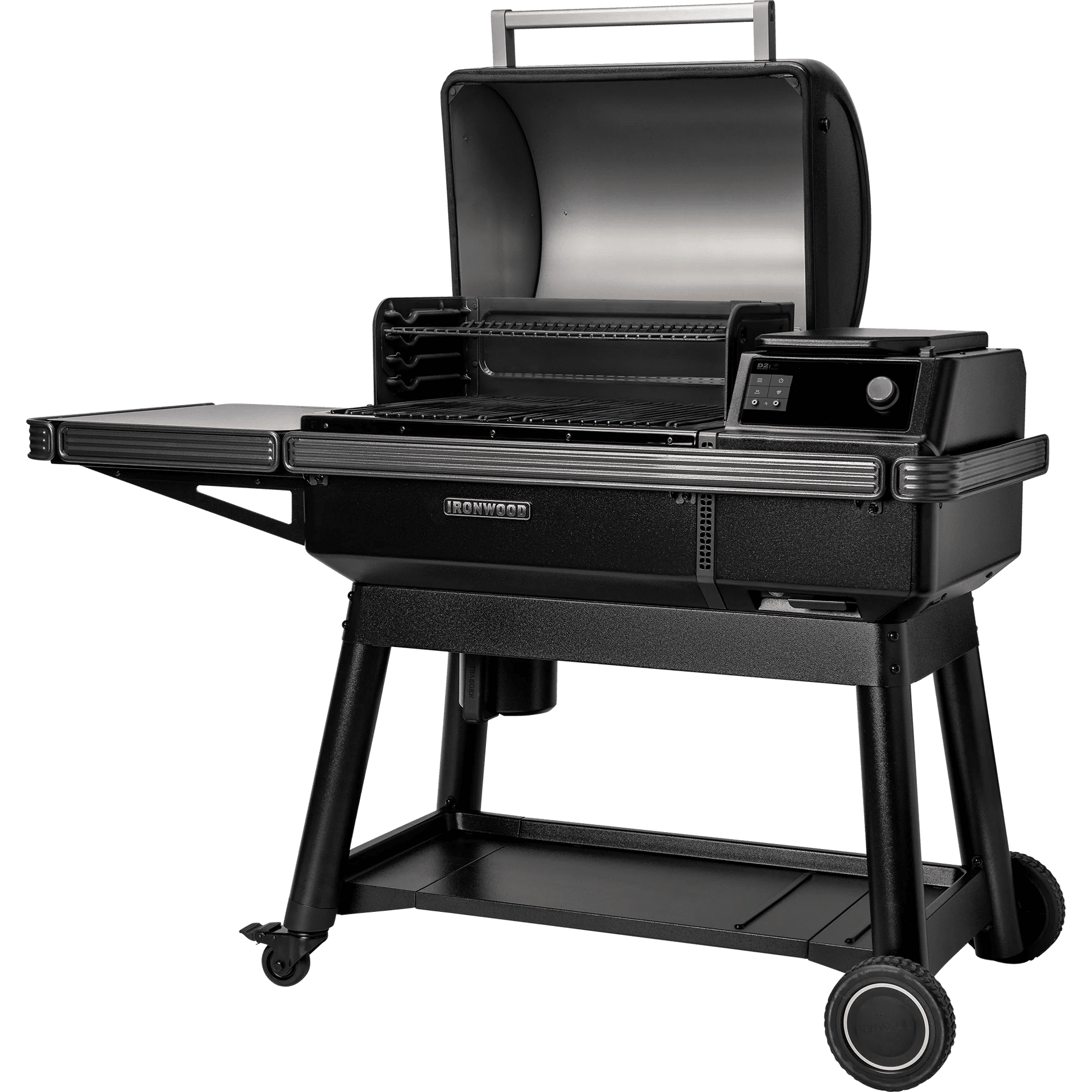 Black grill with digital display on a white background