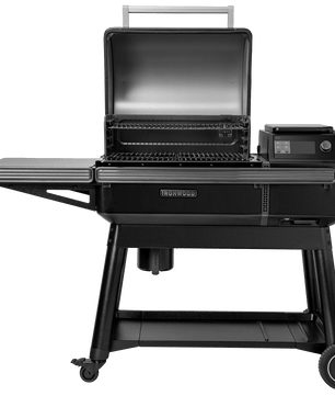 Black grill with digital display on a white background