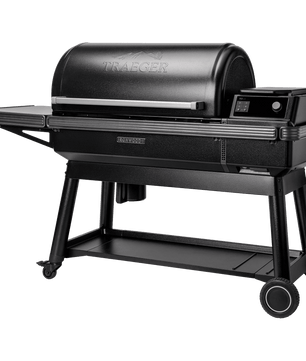 Black Traeger grill on a white background
