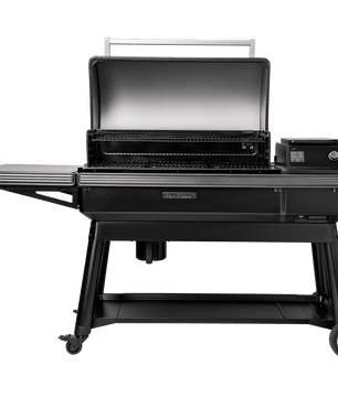 Black grill on wheels with open lid on a white background