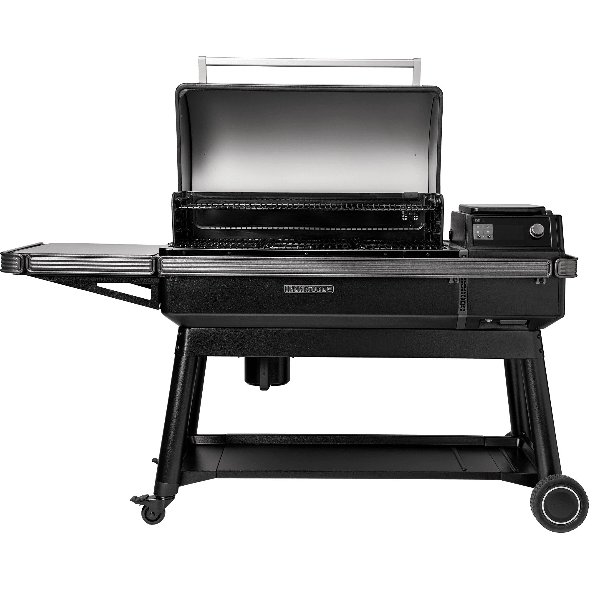 Black grill on wheels with open lid on a white background