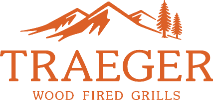 Traeger Wood Fired Grills logo featuring an orange mountain and pine tree graphic above the brand name on a white background.
