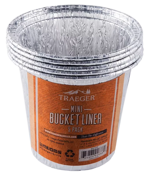 Traeger mini bucket liner packaging with five liners on an orange label.
