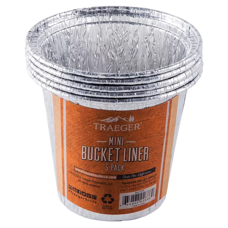 Traeger mini bucket liner packaging with five liners on an orange label.