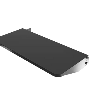 Black metal shelf with brackets on a white background