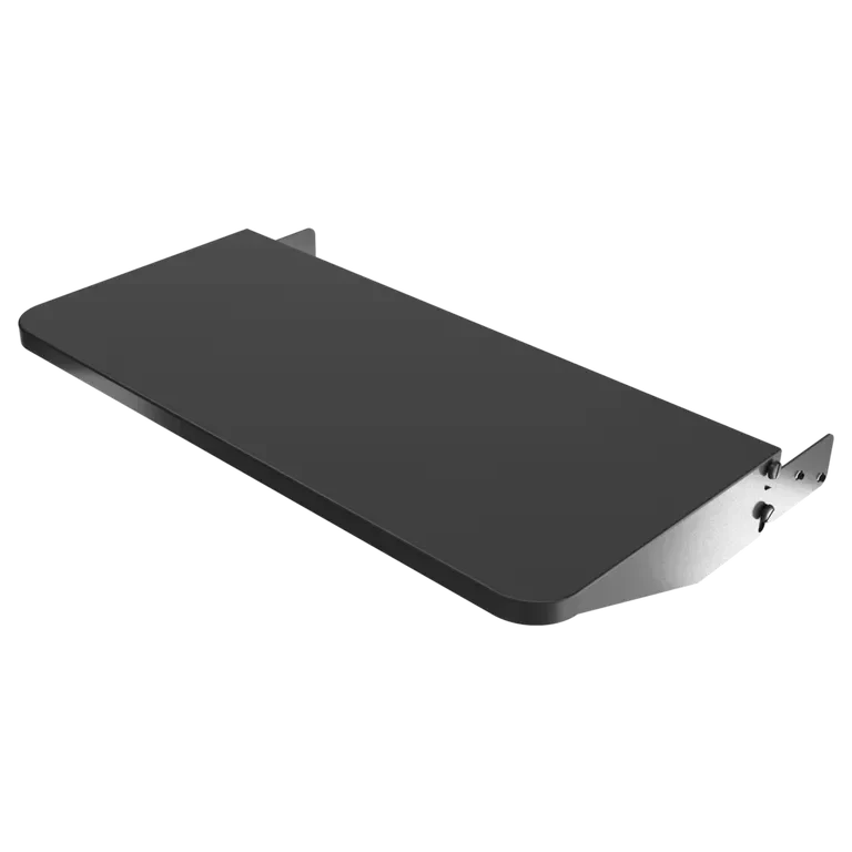 Black metal shelf with brackets on a white background