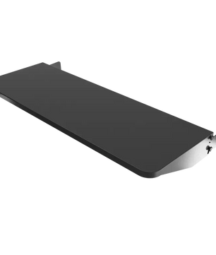 Black shelf with metal brackets on a white background