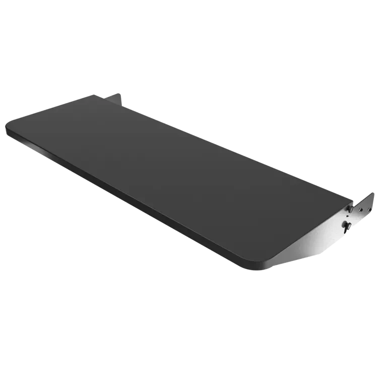 Black shelf with metal brackets on a white background