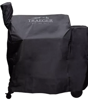 Black grill cover with Traeger logo on a white background