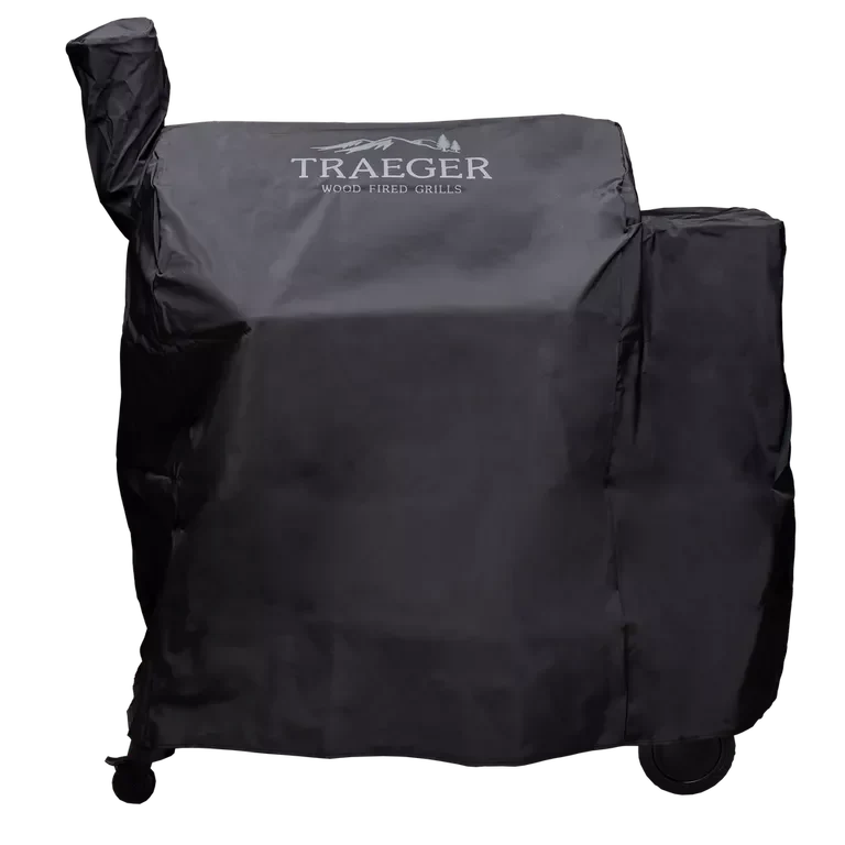 Black grill cover with Traeger logo on a white background