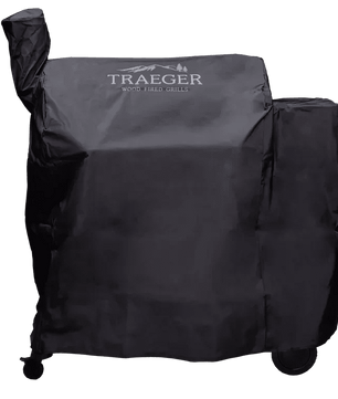 Black grill cover with Traeger logo on a white background