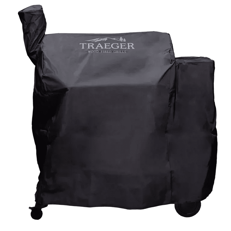Black grill cover with Traeger logo on a white background