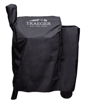 Black grill cover with Traeger logo on a white background