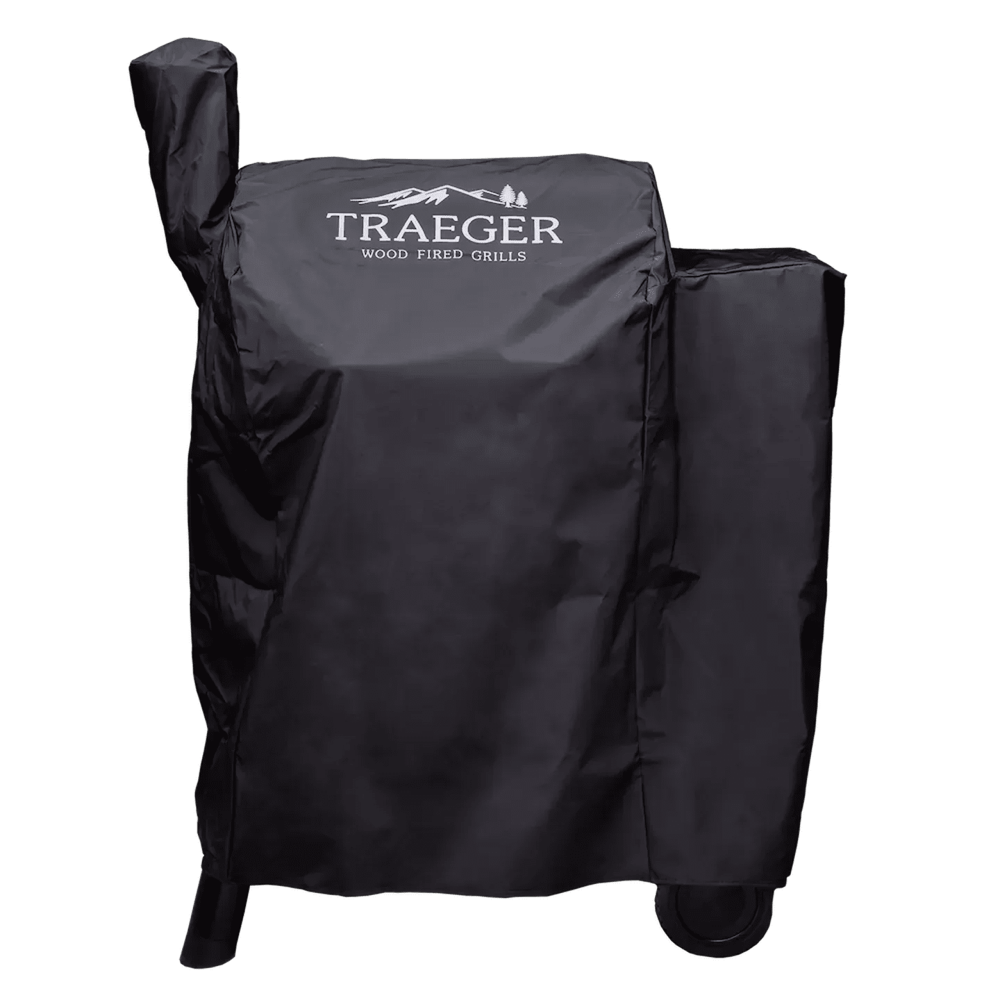 Black grill cover with Traeger logo on a white background