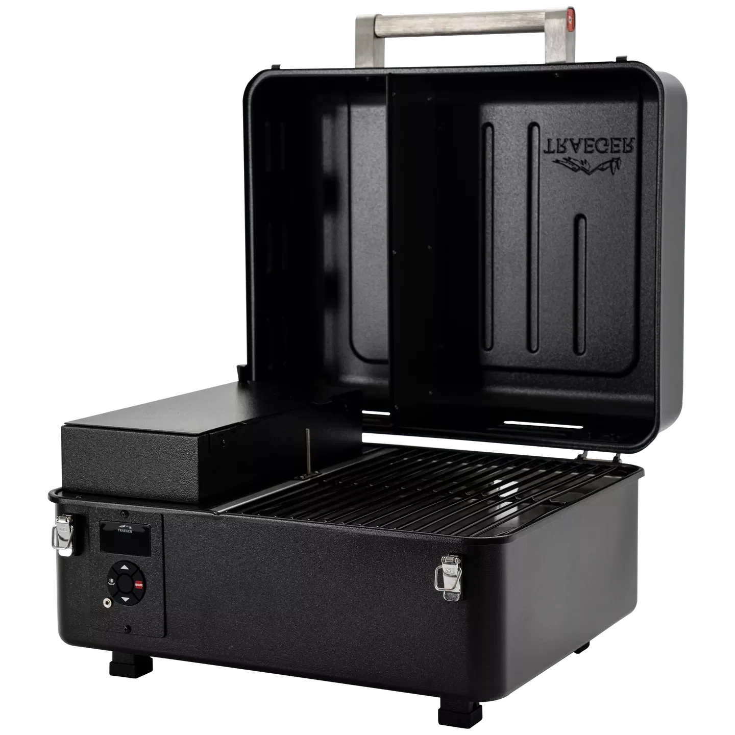 Black portable grill with open lid on a white background