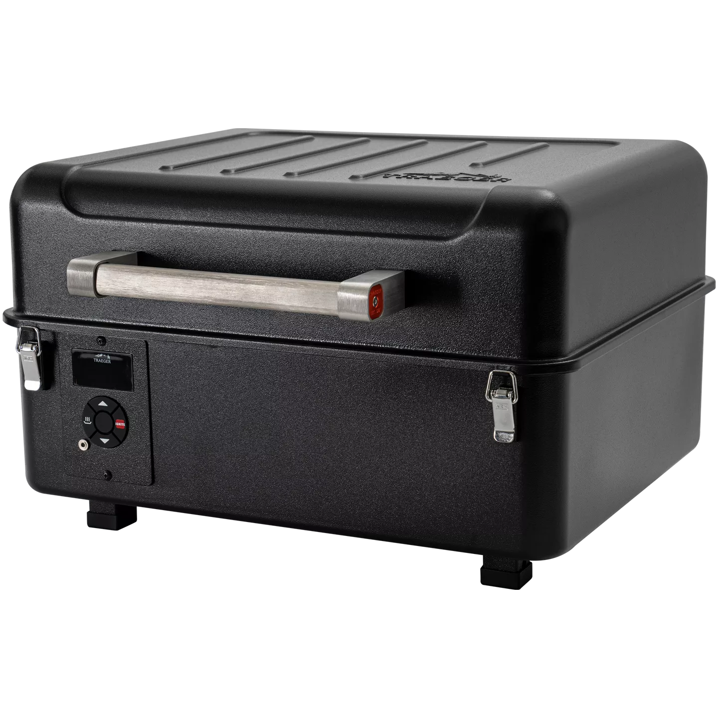 Black portable grill on a white background