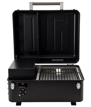Black portable grill with open lid on a white background