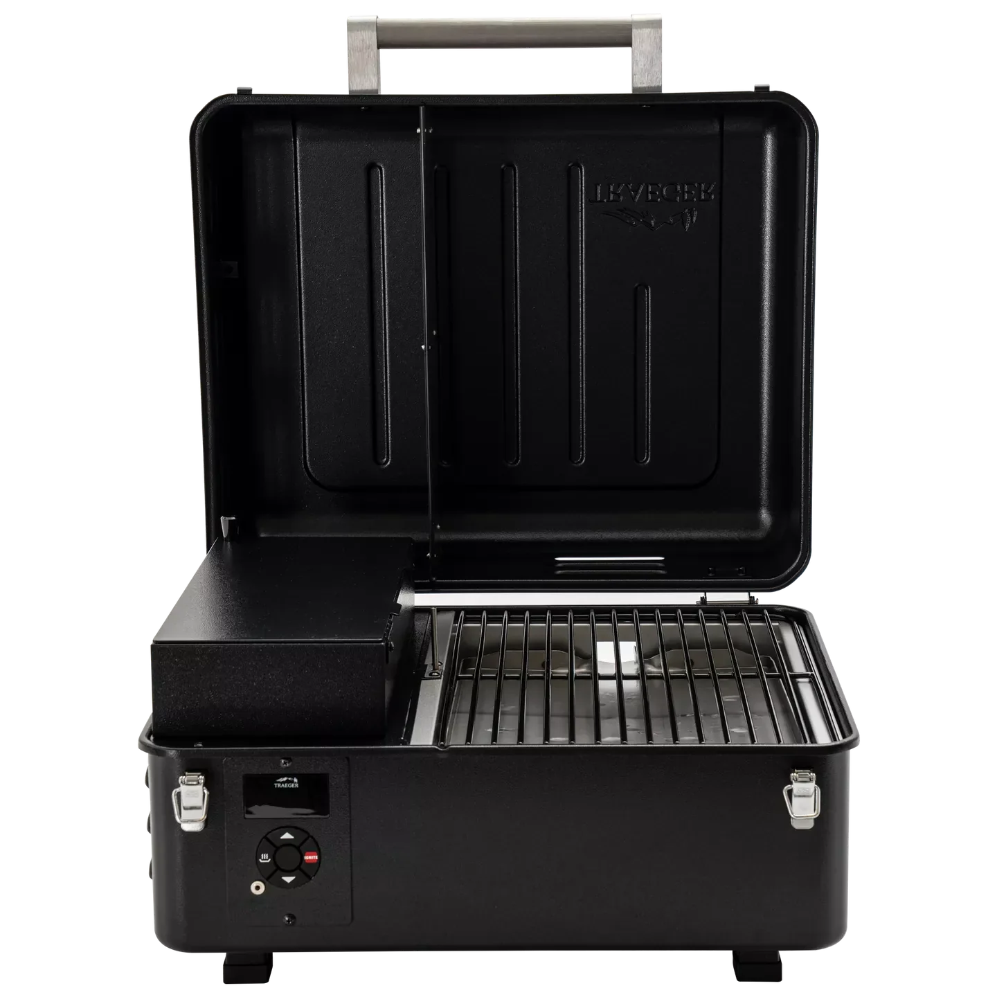 Black portable grill with open lid on a white background