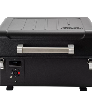 Black portable cooler with a handle on a white background