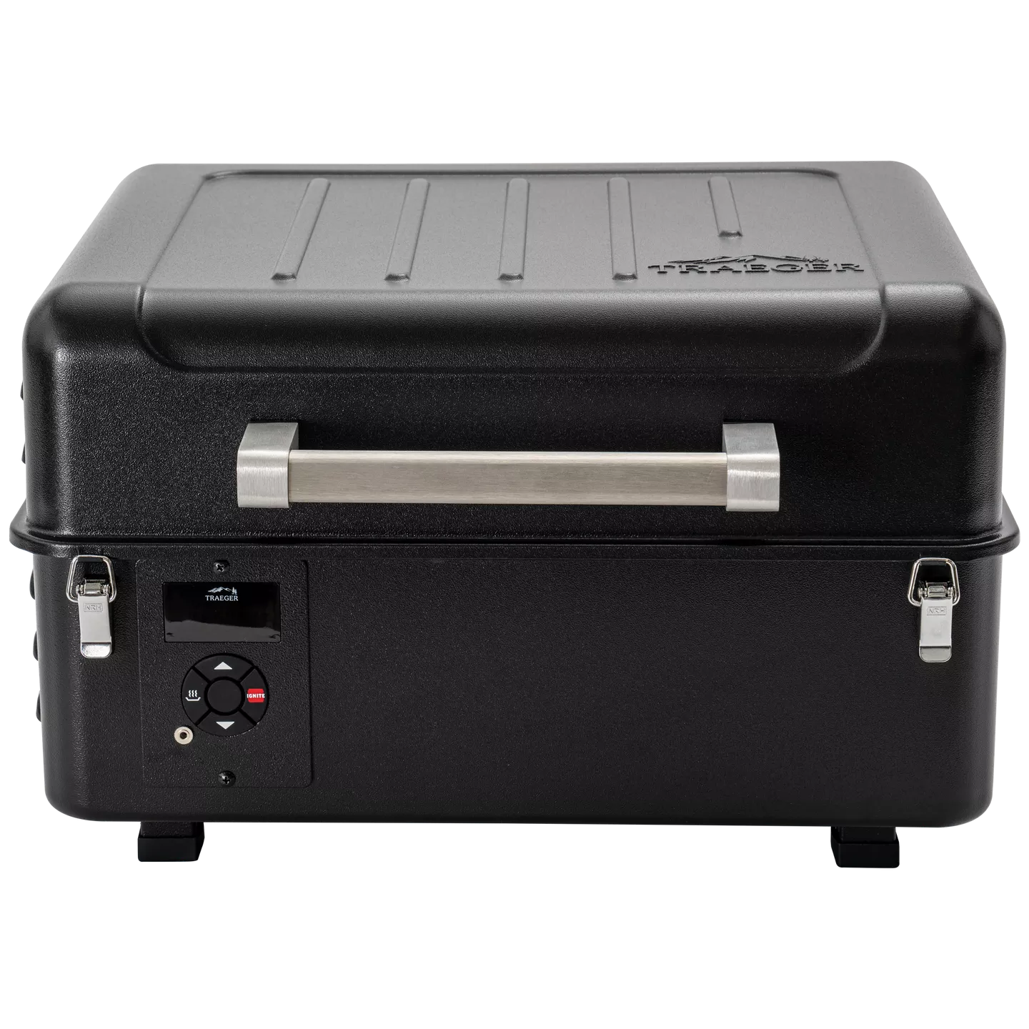 Black portable cooler with a handle on a white background