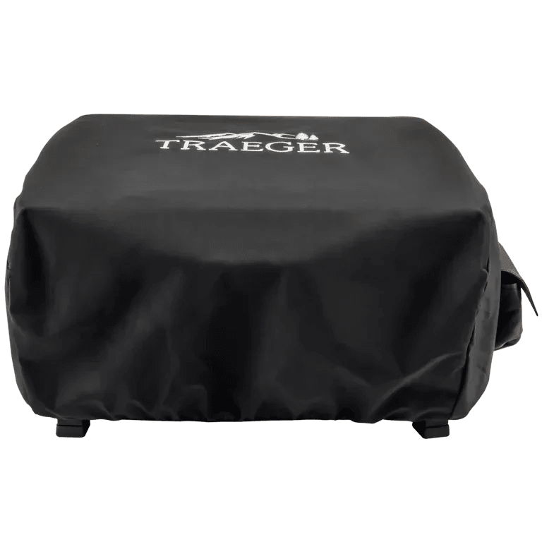 Black grill cover with Traeger logo on a white background