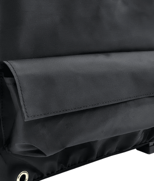 Close-up of a black raincoat with a focus on the fabric texture.