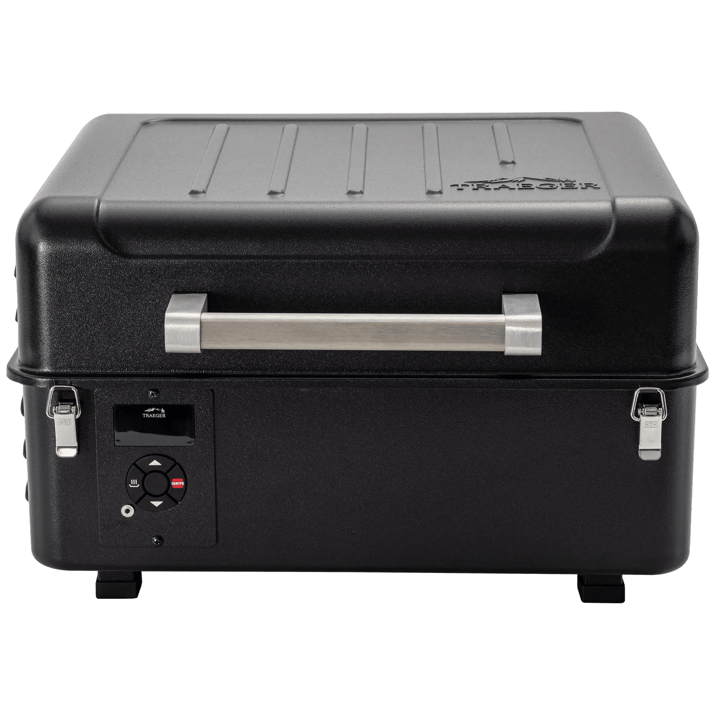 Black portable cooler with a handle on a white background
